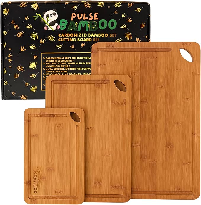 Carbonized Bamboo Cutting Board Gift Set for Kitchen – Set of 3 Wooden Cutting Boards with Deep Juice Grooves, Durable Knife-Safe Chopping Boards for Meat, Vegetables & Bread, Eco-Friendly Board Set