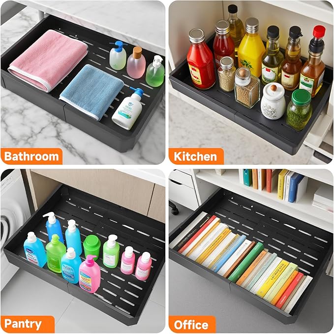 2 Pack Pull out Cabinet Organizer,Adjustable Width (14"-19") and Depth (17"-24"),No Drill Slide out Drawers for Kitchen,Pantry,Adhesive Roll out Shelves,for Cabinets Without Lip