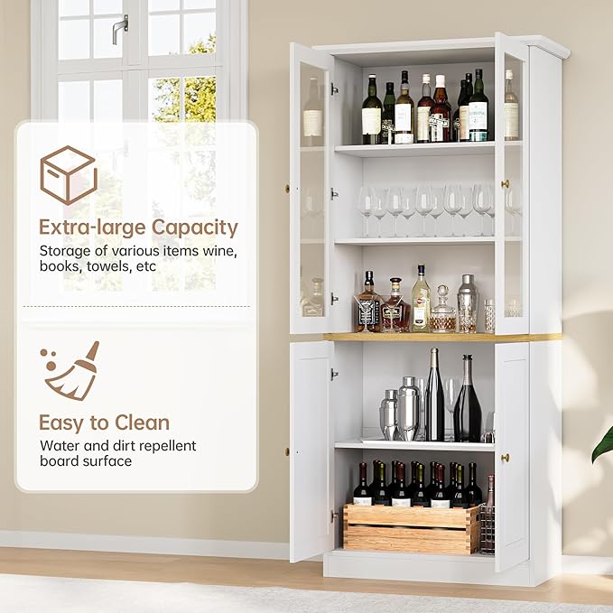 71" Kitchen Pantry Cabinet with Glass Doors, Modern Coffee Bar Storage Cabinet with Adjustable Shelves & Wooden Doors, Freestanding Cupboard for Dining Room or Living Room, White