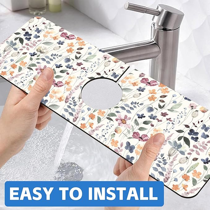 Vintage Watercolor Floral Kitchen Sink Splash Guard Mat Absorbent Fast Drying Mat Faucet Draining Mat Sink Splash Guard Behind Faucet Drip Catcher for Kitchen Bathroom 5.5"×15"