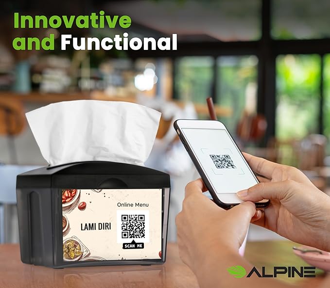 Alpine Tabletop Commercial Napkin Dispenser Restaurant Napkin Holder for Interfold Napkins with Condiment Holder & 2 Side Marketing Space Insert for Restaurants, Cafeterias, Food Trucks, Clubs - Black