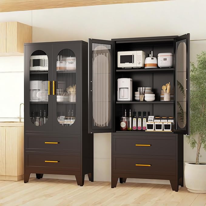 pozdeg Metal Garage Storage Cabinet, Kitchen Pantry Storage Cabinet with 2 Drawers and 2 Adjustable Shelves Versatile Storage for Homes Offices Gym Basement Warehouse (Black)