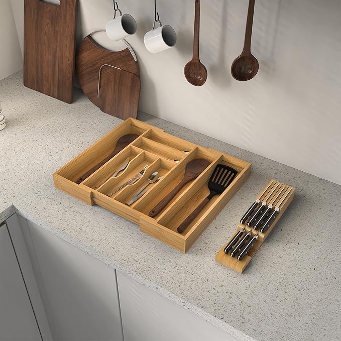 Thalomely Bamboo Kitchen Drawer Organizer, Expandable Silverware Organizer with Removable Knife Block, 6-8 Slots- Utensil Holder & Cutlery Tray Drawer Dividers, 2.36" Deep for Extra Capacity, Natural