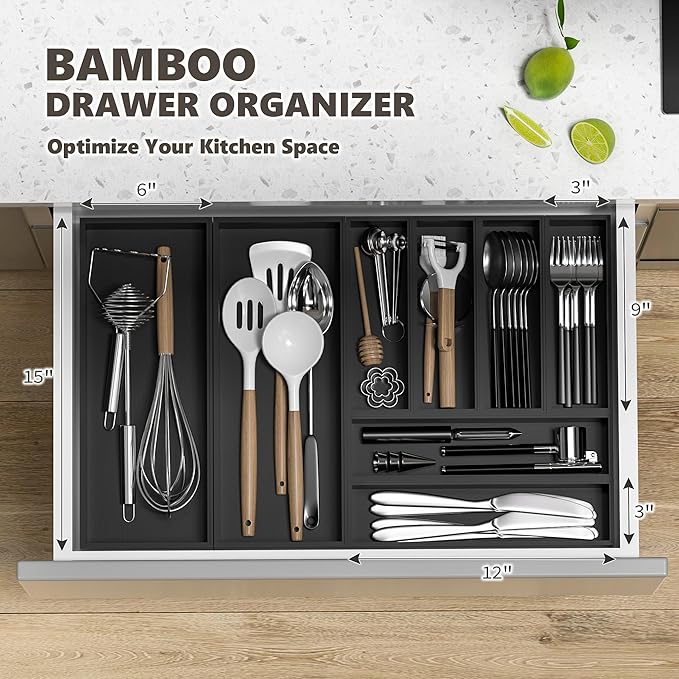 Greatseas Kitchen Drawer Organizer Bins, Black Bamboo Drawer Organizer Stackable for Silverware, Utensils, Cutlery, Flatware, for Junk Drawer, Dresser, Bathroom, 6" x 3" x 2.5" (Set of 2)