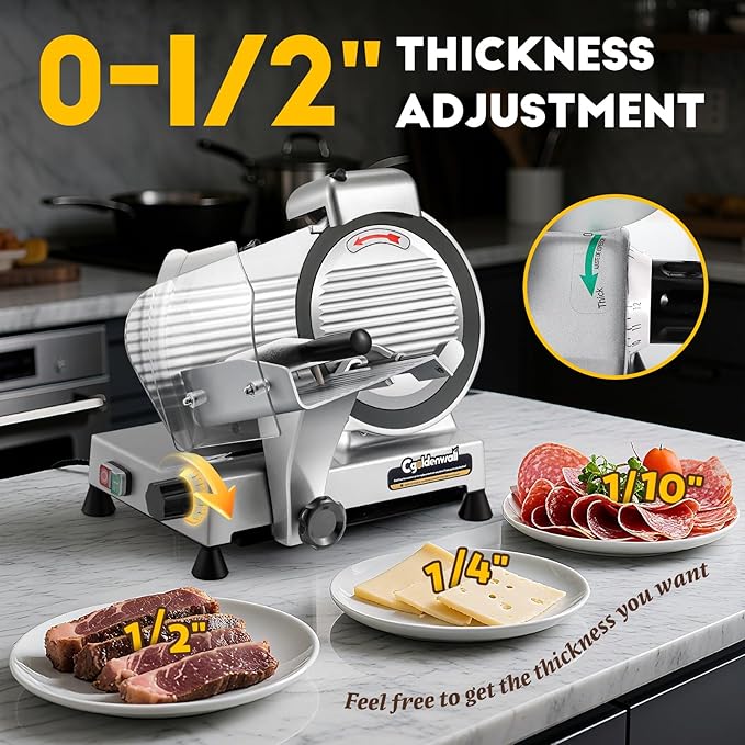 CGOLDENWALL Meat Slicer Machine with Teflon Non-stick Blade 240W Electric Meat Slicer for Frozen Meat/Deli Meat/Cheese/Food Slicer, Low Noises Commercial and Home Use