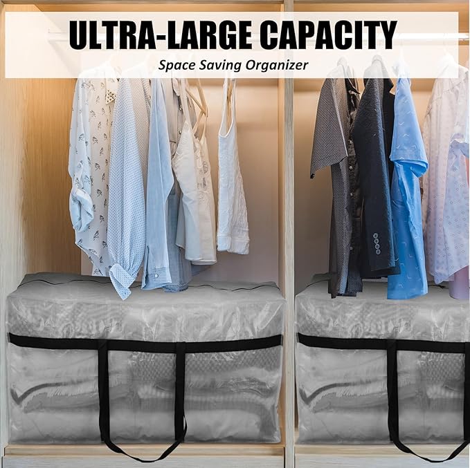 4 Pcs 66 Gallon Extra Large Moving Bags Heavy Duty Storage Bag with Strong Zipper Handle Foldable XXL Jumbo Storage Tote Packing Moving Box for College Dorm Travel Cloth Duffle (Clear)