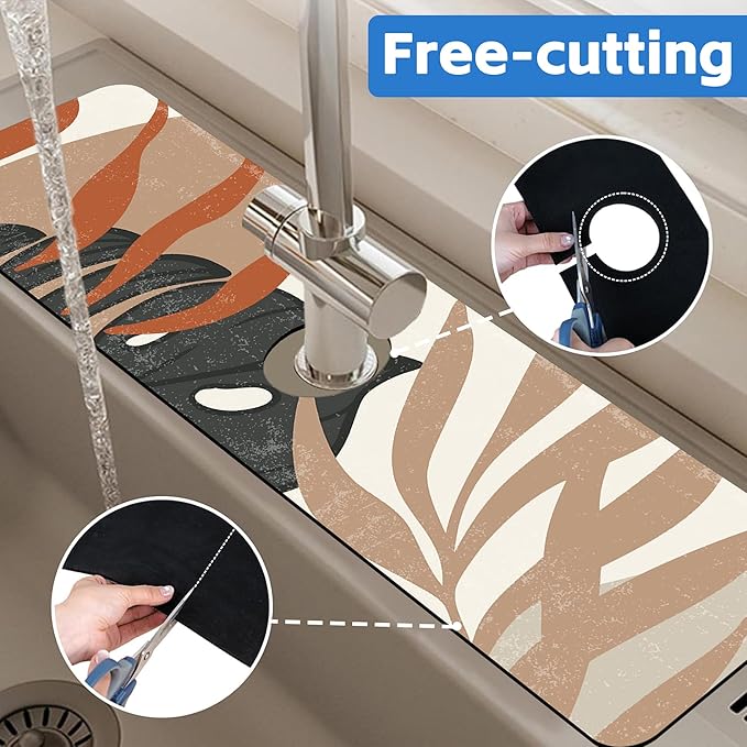Mid Century Boho Leaves Kitchen Sink Splash Guard Absorbent Fast Drying Mat Faucet Draining Guard Behind Faucet Drip Catcher for Kitchen Bathroom 5.5"24"