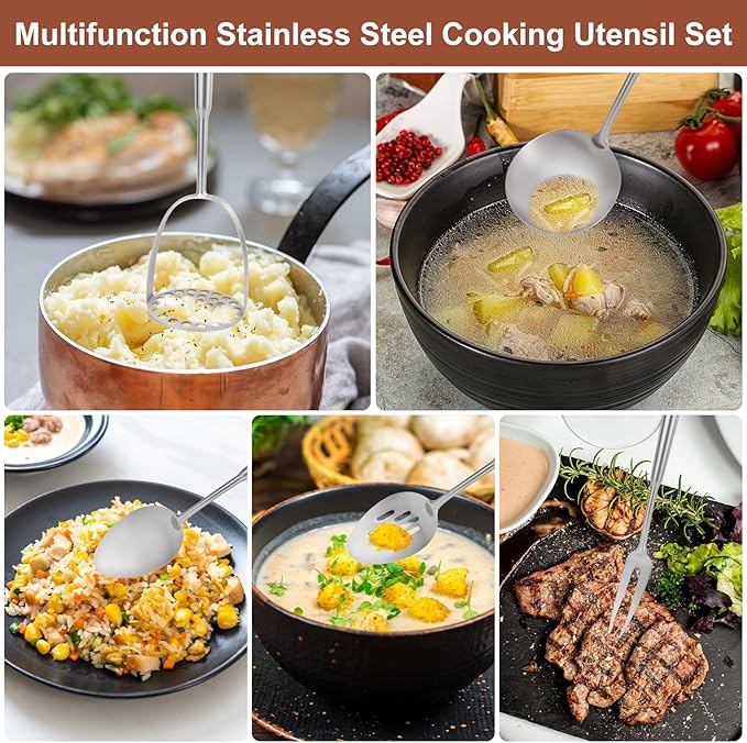 18 10 Stainless Steel Cooking Utensils Set, 10PCS Metal Kitchen Utensils Set for Wok,Kitchen Tools Set Come with Spoon, Fork, Spatula, Ladle, Skimmer, Turner, Pasta Server