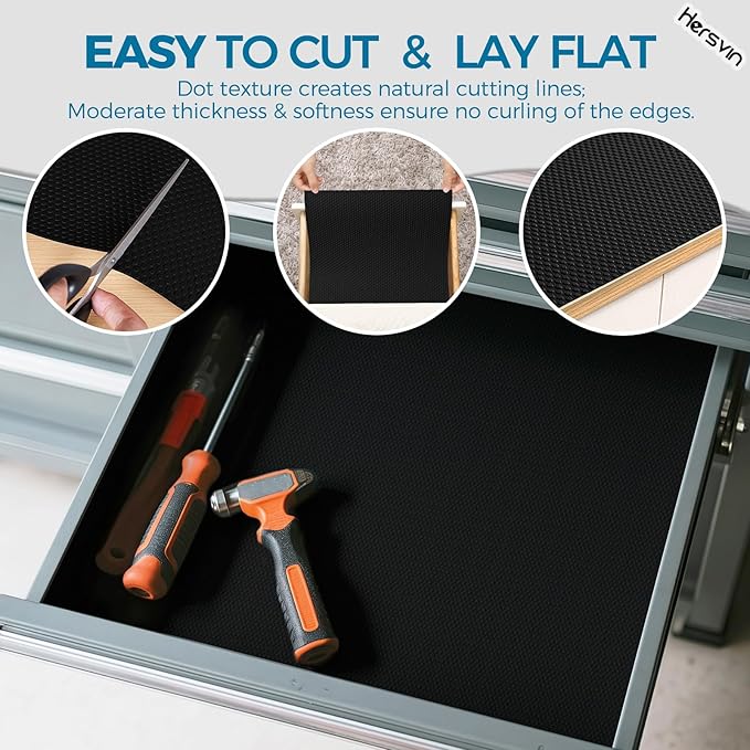 Hersvin Shelf Liners, 12 in x 20 ft Kitchen Drawer Mats, Non-Adhesive EVA Cupboard Protector, Cabinet Lining (Black Dot)