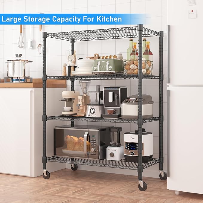 Homdox Heavy Duty Metal Shelves for Storage, 4 Tier Storage Racks and Shelving, Commercial Adjustable Wire Shelving Unit on Wheels, Garage Rack Pantry Shelves Kitchen Shelving, 18"x36"x72", Black