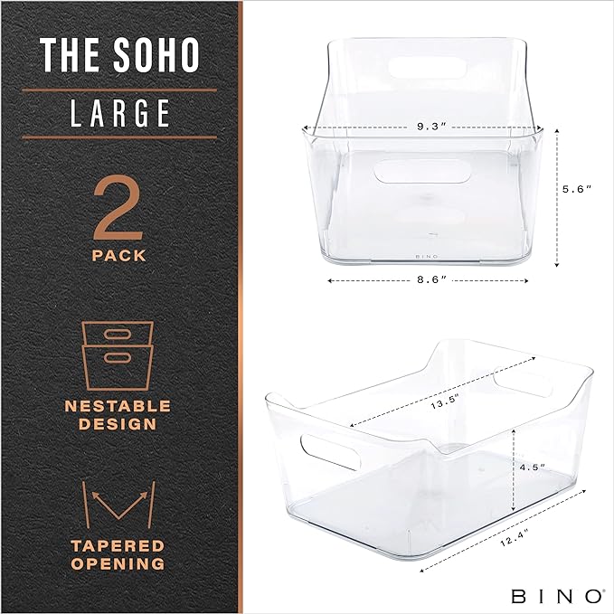 BINO | Plastic Storage Bins, Large - 2 Pack, Clear | THE SOHO COLLECTION | Pantry Organizers and Storage Containers | Fridge Organizer Bins | Kitchen Cabinet Organizer | Medicine Cabinet Bin