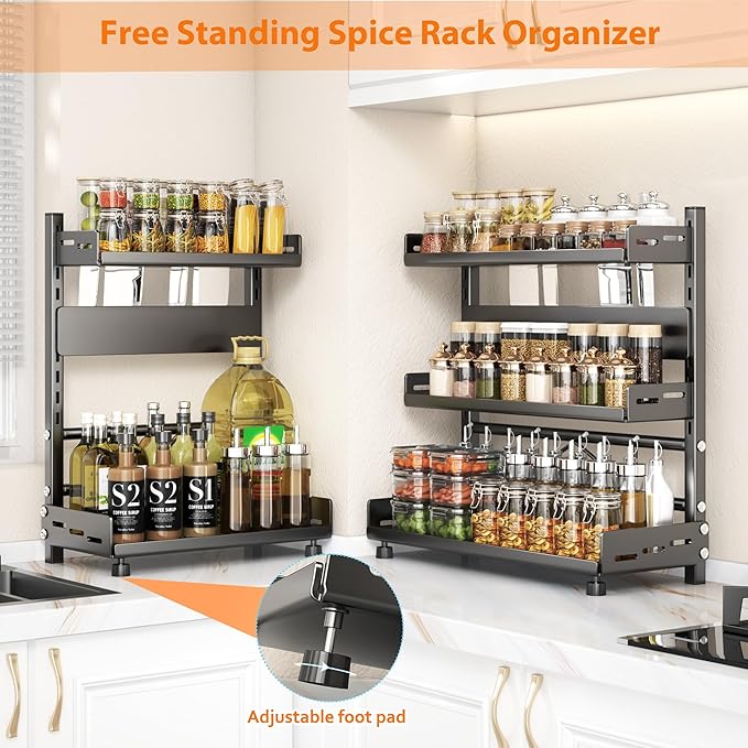 Spice Rack Organizer for Countertop, 2-Tier Height-Adjustable Spice Rack Organizer, Metal Standing Kitchen Counter Organizer with Guardrail & Knife Block for Kitchen Cabinet