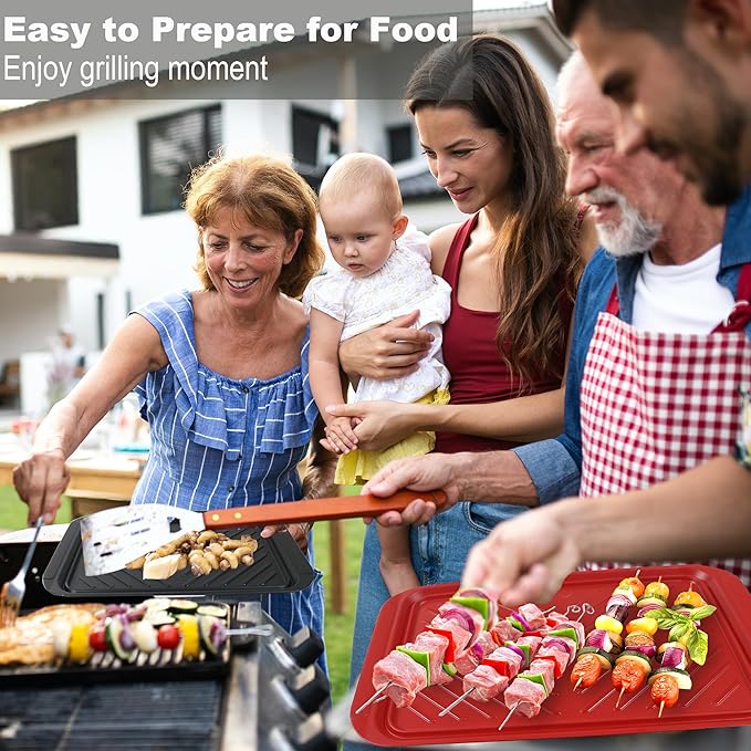 Czlizdyt Large Grilling Prep and Serve Trays, BBQ Platter for Raw and Cooked Food, Melamine Serving Trays for Food, Set of 2, Black and Red, Napkin and Cleaning Clothes Included