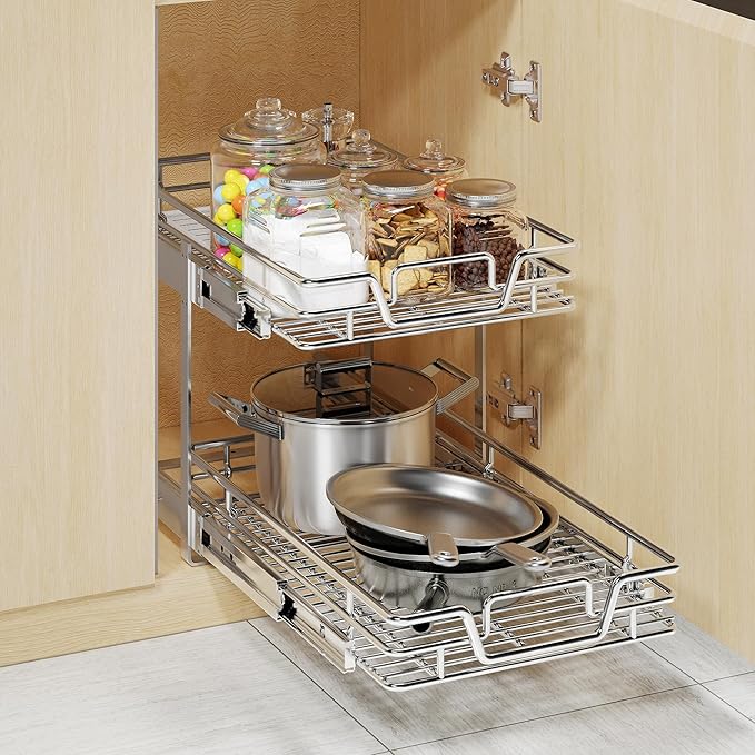 QUYUWU 2-Tier Kitchen Cabinet Pull Out Shelf and Drawer Organizer Slide Out Pantry Storaqe Basket in Multiple Sizes (14" W x 21" D)