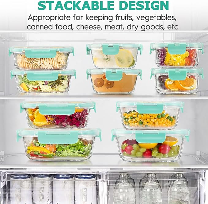 34pcs Glass Food Storage Containers with Lids Set, Airtight Glass Meal Prep Containers (17 Containers & 17 Lids), Leak Proof Lunch Container BPA-Free, Microwave, Oven, Freezer, Dishwasher Safe-Green