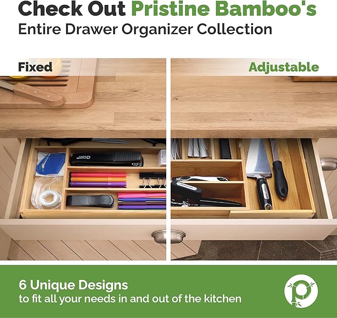 Pristine Bamboo silverware tray organizer– Flatware Utensil Cutlery Silverware Holder for Drawer – Small Extra-Deep Wooden Kitchen Drawer Organizer Divider for Spoons Forks Knives cutleries (6-Slots)