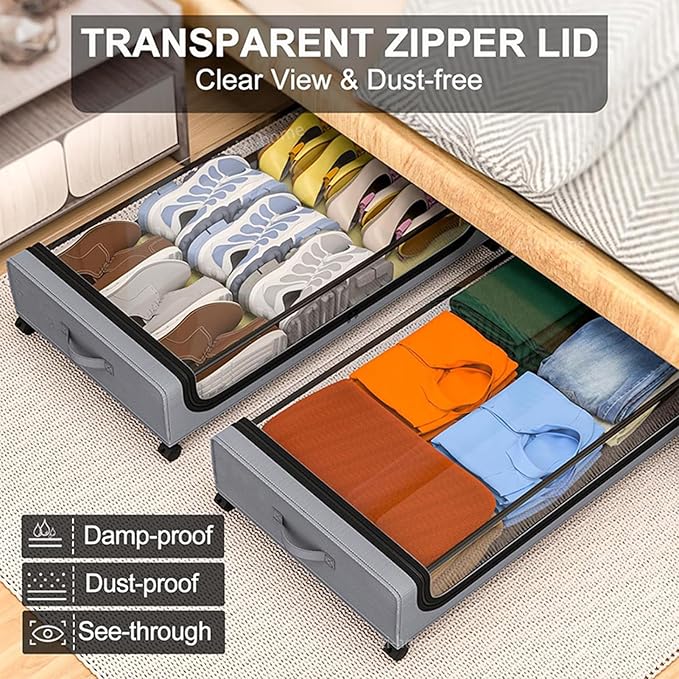 Under Bed Storage with Wheels,2 Pack Rolling Under Bed Storage Bins with Clear Lids and Handles,Underbed Shoe Storage Organizer,UnderBed Storage Containers for Clothes (Rectangular,Black)