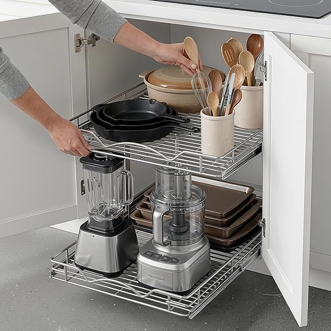 2-Tier Pull-Out Cabinet Organizer with Heavy-Duty Steel Frame, Full-Extension Sliding Shelves, Holds 100 lbs, Easy Install for Kitchen, Pantry & Under Sink Cabinets, 30" W x 21”D x 16.5" H