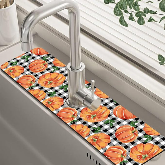 Thanksgiving Pumpkin Kitchen Sink Splash Guard Mat Buffalo Plaid Absorbent Fast Drying Mat Faucet Draining Mat Sink Splash Guard Behind Faucet Drip Catcher for Kitchen Bathroom 5.5"×24"