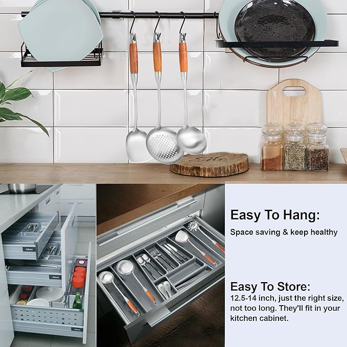 NIITAWH Stainless Steel Kitchen Utensils 12.5"-14" Wooden Handle Metal Cooking Utensils Set 9 PCS, Solid and Slotted Spoon, Fork, Spatula, Ladle, Skimmer, Slotted Tunner, Spaghetti Large Spoon
