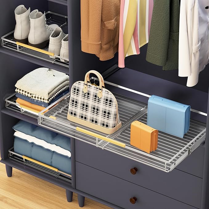 Pull Out Cabinet Organizers,Expandable Slide Out Wire Storage Drawers,Adjustable Width W:14.9”-25.9” x D:22.5”,2 packs of Stainless Steel Gliding Cupboard Wire Shelves for Pot and Pans,Chrome Plated