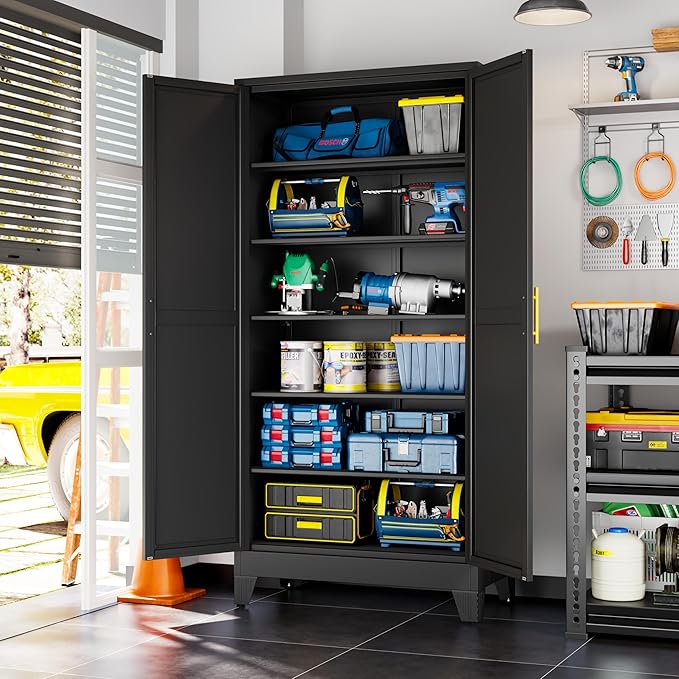 Tall Metal Kitchen Pantry Storage Cabinet with 2 Doors and 5 Adjustable Shelves - 75.2" Kitchen Cabinet with Gold Handles for Kitchen, Bathroom, Dining Room, Living Room - Black