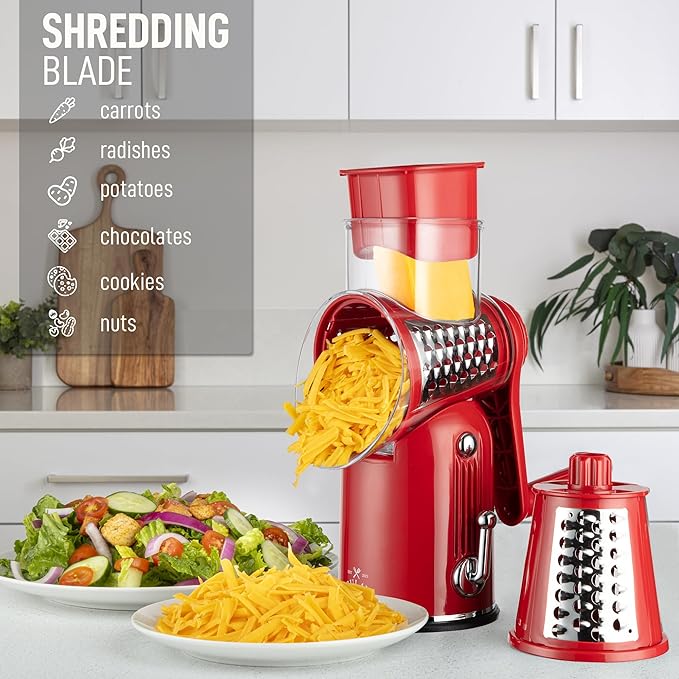 Zulay Kitchen Rotary Cheese Grater 5 Blade Cheese Shredder - Manual Hand Crank Cheese Grater With Reinforced Suction & 5 Interchangeable Drums - Easy to Use, Vegetable Chopper Round Mandoline Slicer