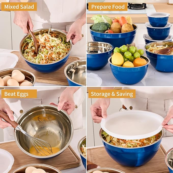 Moxinox Blue Mixing Bowls with Airtight Lids, Stainless Steel Nesting Mixing Bowls Set of 7, Ideal for Baking, Prepping and Serving Food, Size 7, 3.6, 2.7, 2.1, 1.5, 1.1,0.8 QT, Stackable Design