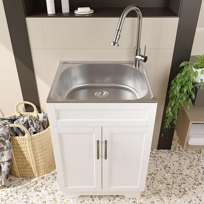 Laundry Sink Cabinet with Stainless Steel Sink and Pull-Down Faucet, 24 Inch Large Utility Sink Cabinet for Laundry/Utility Room, Kitchen, Bathroom and Garage, White
