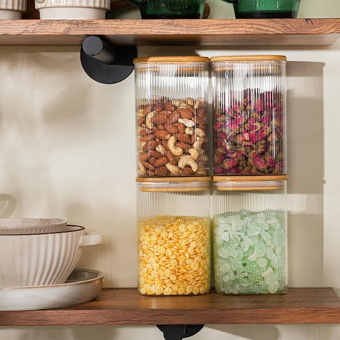 37oz Airtight Glass Square Storage Canisters with Bamboo Lids Set of 6 (1100ml) Striped Stackable Containers, Decorative Kitchen Jars for Tea, Nuts and Coffee (‎with Black Lable)
