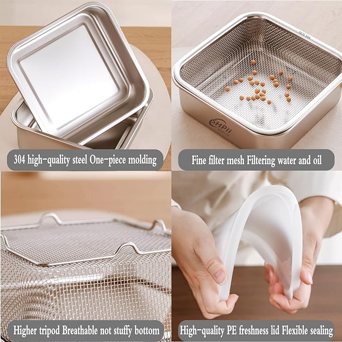 Square Colander Set, 304 stainless steel, with PE lid, deli containers, back of the kitchen preparation, washing and draining tools, refrigerator storage, frying oil filter (2500ML)