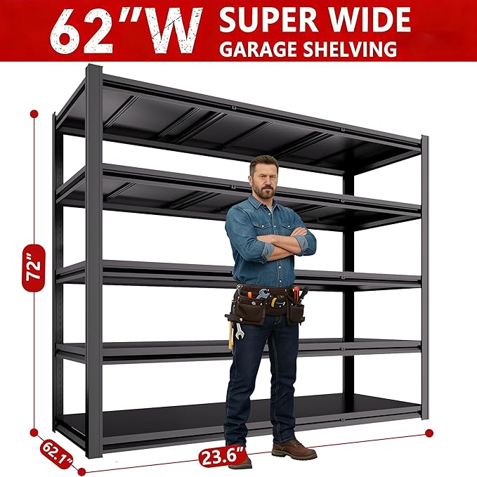 Extra Big/Wide 72" H x 62.12" Wide x 24" D Adjustable Industrial Metal/Steel 5-Shelf-Storage-Rack Heave Duty Utility Tall Garage/Warehouse Shelving Shelves Unit/System for Bin/Shed, Black