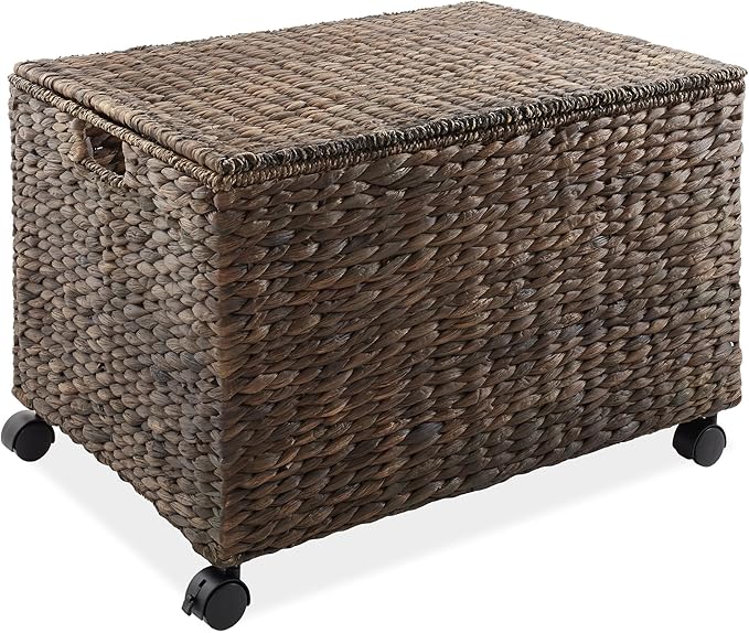 Casafield Rolling Storage Basket Cart with Lid and Locking Wheels, Espresso - Handwoven Water Hyacinth Divided Recycling Sorting Bin for Kitchen, Laundry Room, Garage
