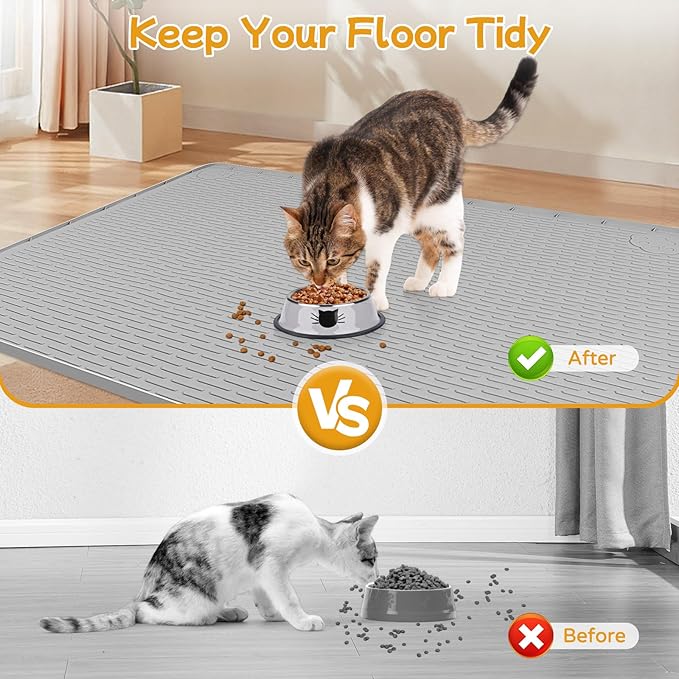 Lanstics Cat Food Mat, 40" x 28" Large Silicone Mat Cat Feeding Mat with Raised Edge Non-Slip Pet Feeding Mat for Food and Water Bowl, Easy to Clean, Floor Protection (Gray)
