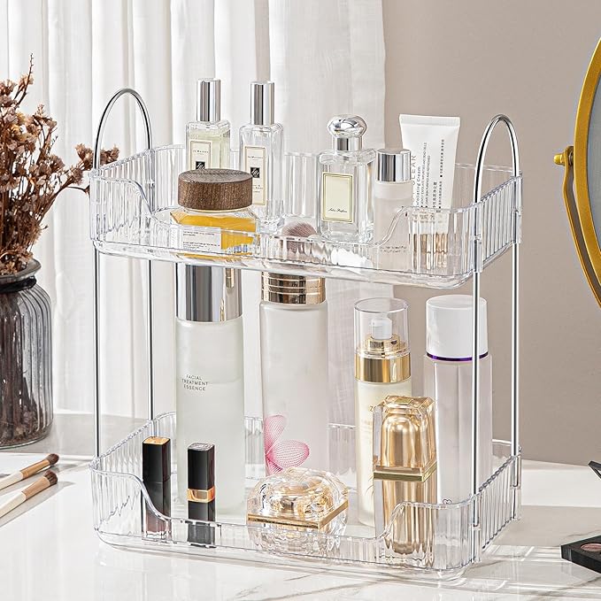 Clear 2-Tier Vanity Organizer - Countertop Shelf for Bathroom Cosmetics, Toiletries, Lotions, Perfumes