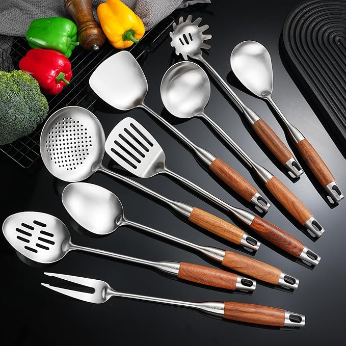 NIITAWH Stainless Steel Kitchen Utensils 12.5"-14" Wooden Handle Metal Cooking Utensils Set 9 PCS, Solid and Slotted Spoon, Fork, Spatula, Ladle, Skimmer, Slotted Tunner, Spaghetti Large Spoon