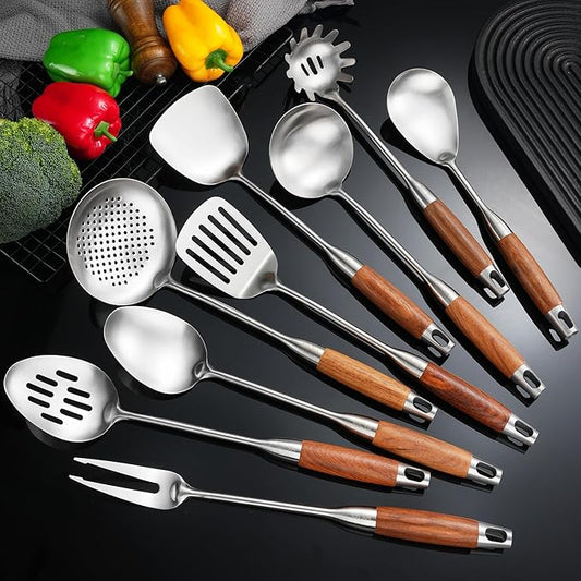NIITAWH Stainless Steel Kitchen Utensils 12.5"-14" Wooden Handle Metal Cooking Utensils Set 9 PCS, Solid and Slotted Spoon, Fork, Spatula, Ladle, Skimmer, Slotted Tunner, Spaghetti Large Spoon