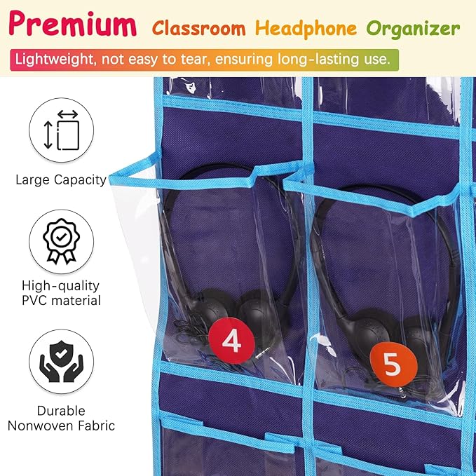 2 Pack Classroom Headphone Storage Organizer with 30 Pockets, PVC Clear Classroom Pocket Chart for Headphone Cell Phone Over-the-Door Hanging Headphone Holder Bag with 62 Labels(Blue)