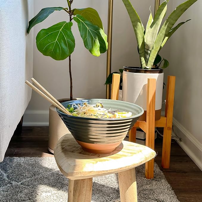 MORA Ceramic Ramen Bowl Set of 2, 45oz - Great for Pho, Miso Udon Soup, Instant Noodles, Serving, Thai or Asian Food - Microwave Safe Large Japanese Noodle Bowls, Modern Kitchen - Charcoal