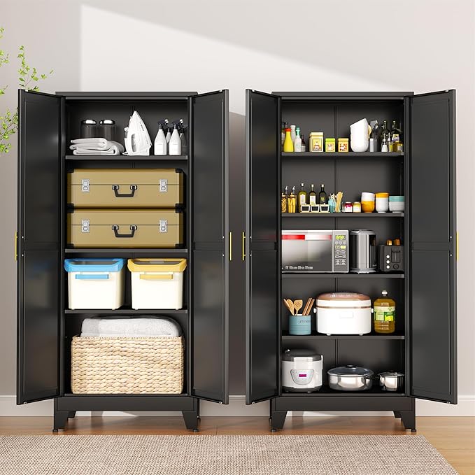 erosoei 75.2”H Metal Kitchen Pantry Storage Cabinet, Storage Cabinets with Adjustable Feet and Shelves,Food Pantries Cupboard for Kitchen, Living Room, Laundry Room and Dinning Room（Black）