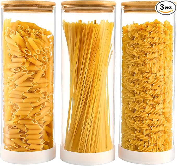 73oz Glass Spaghetti Containers for Pantry Organization, 3-Pack Large Airtight Food Jars with Bamboo Lids and Non-Slip Silicone Bases, Clear Storage Canisters for Pasta, Flour, Cereal, Rice