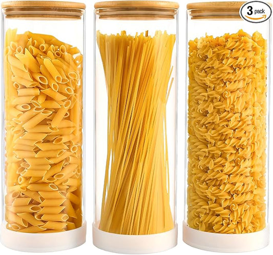 73oz Glass Spaghetti Containers for Pantry Organization, 3-Pack Large Airtight Food Jars with Bamboo Lids and Non-Slip Silicone Bases, Clear Storage Canisters for Pasta, Flour, Cereal, Rice