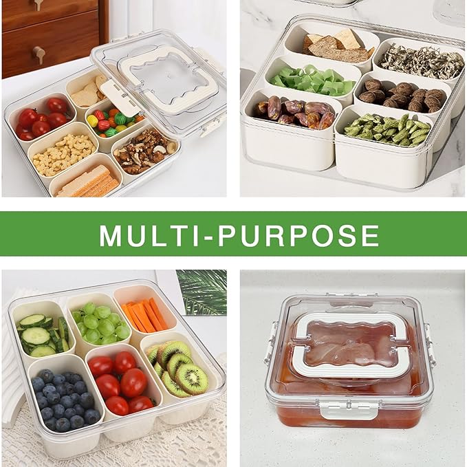 SMALL Divided Serving Tray with Lid and Handle, Portable Snack Box Container, 6 Compartments Veggie Fruit Snackle Tray,Charcuterie Box Container for Party, Travel, Entertaining,Picnic, SMALL SIZE
