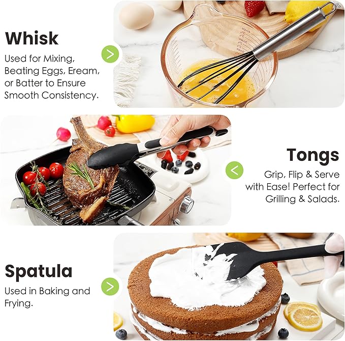 Large Cooking Utensils Set, 35 Pcs Silicone Kitchen Utensils Set with Holder, Stainless Steel Handle Spatula Set, Heat Resistant Food Grade Silicone Kitchen Gadgets for Non-stick Cookware (Black)