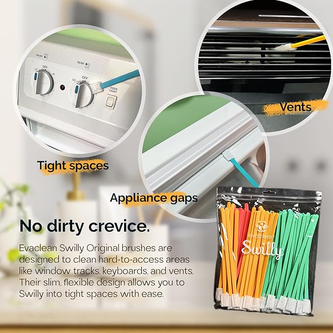 Evaclean Swilly Original Disposable Crevice Brushes - 100 Pack - Versatile Cleaning Tool for Tight Spaces, Window Tracks, Keyboards, Car Vents, and Household Use (Green)