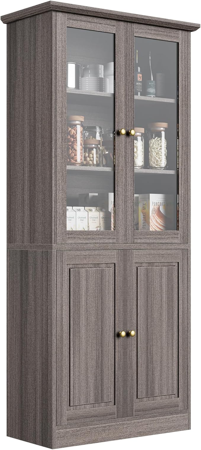 LotaTools 71" Kitchen Pantry Cabinet with Glass Doors, Modern Coffee Bar Storage Cabinet with Adjustable Shelves & Wooden Doors, Freestanding Cupboard for Dining Room or Living Room, Vintage Brown