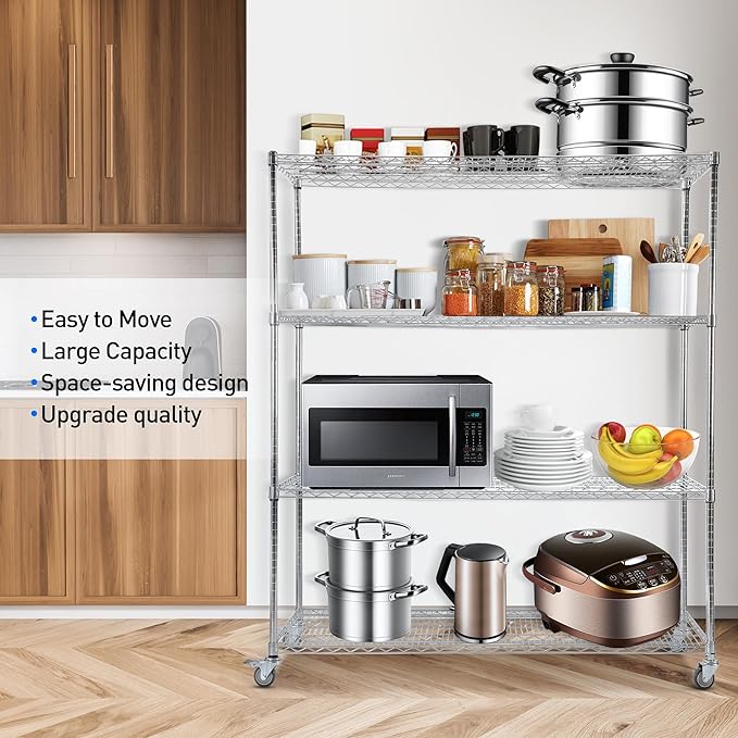 Rengue 60"x 24"x72"Wire Shelving with Wheels, 4-Tier Heavy Duty Garage Storage Shelves, Chrome 2400LBS Capacity Wire Shelf Rack, Silver