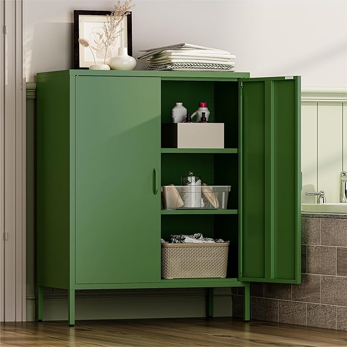 Metal Cabinet with 2 Doors and 4 Shelves，39.96" Tall Steel Office Cabinet,Bathroom Floor Locker for Office,Home,Garage,Gym,School (1PC,Forest Green)