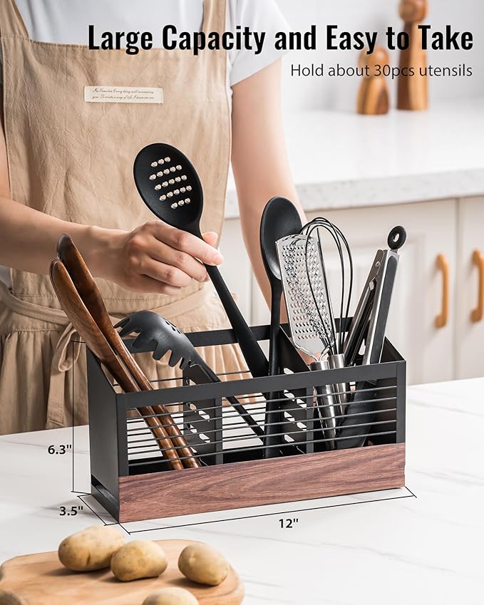 awesohome Utensil Holder for Kitchen Counter, Cooking Utensil Holder with Stone Drying Mat for Storage Spatula, Ladle, Scoop in Farmhouse Countertop with Wooden Pattern Printed, Matte Black