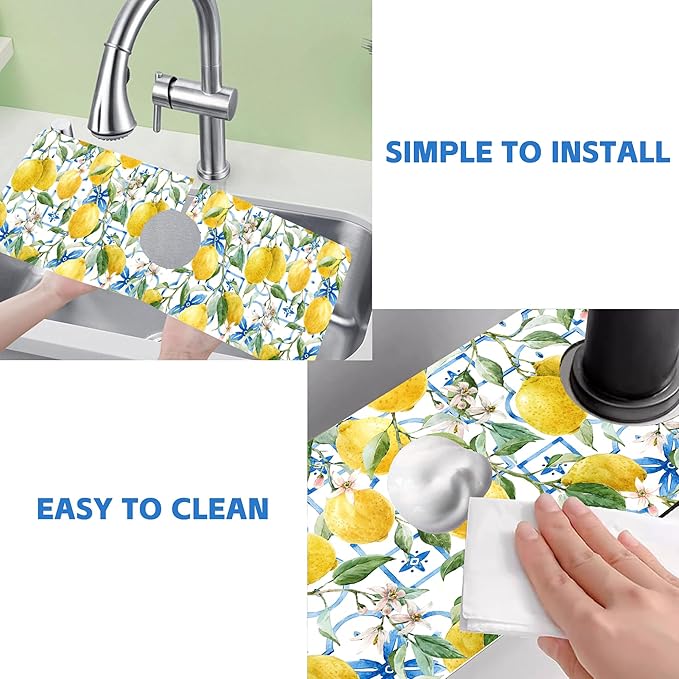 Yellow Lemons and Blue Tiles Sink Faucet Absorbing Mat Splash Guard Behind Faucet Sink Mat Absorbent Fast Drying Faucet Draining Mat for Bathroom Kitchen 5.5"×15"